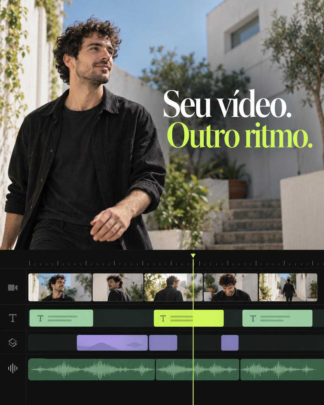 Capa ilustrativa de edição: cena editorial, texto Seu vídeo. Outro ritmo. e uma timeline com cortes, títulos e áudio.