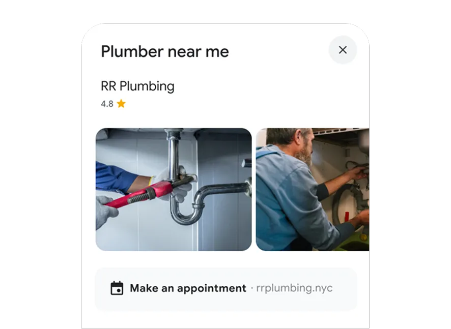 Exemplo do Google: busca por encanador, fotos do trabalho e um caminho para agendamento.