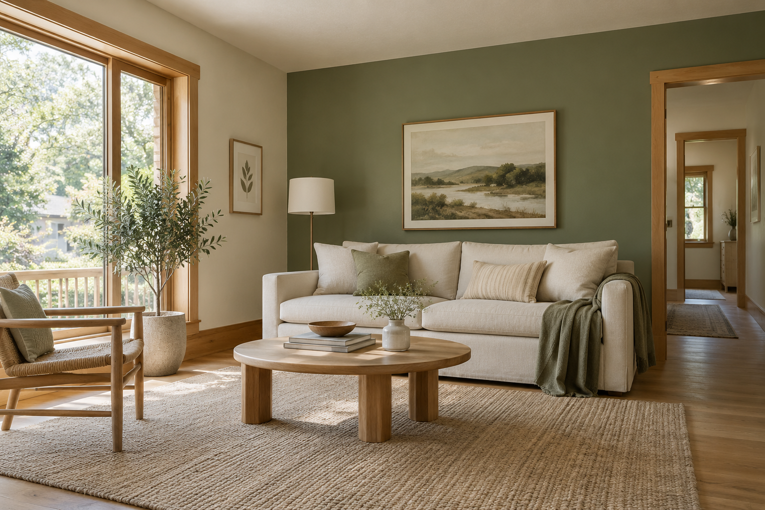 Ambiente ilustrativo criado por IA: sala com parede verde suave, sofá claro e acabamento em madeira.